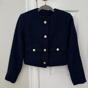 NWT Abercrombie & Fitch Collarless, Cropped Boucle Jacket, Navy, XS